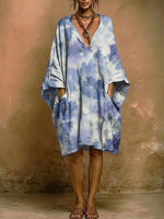 Bohemian Resort-style Floral Print V-neck Loose-fit Cotton-linen Dress
