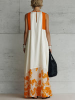 Women's Casual Loose Cotton-linen Dress — Crew Neck Sleeveless Placement Print