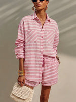 Casual-chic Striped Linen-cotton Shirt And Shorts Two-piece Set