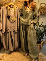Women's Solid-color Cotton-linen Set: Loose-fit V-neck 3/4-sleeve Top & Elastic-waist Wide-leg Pants