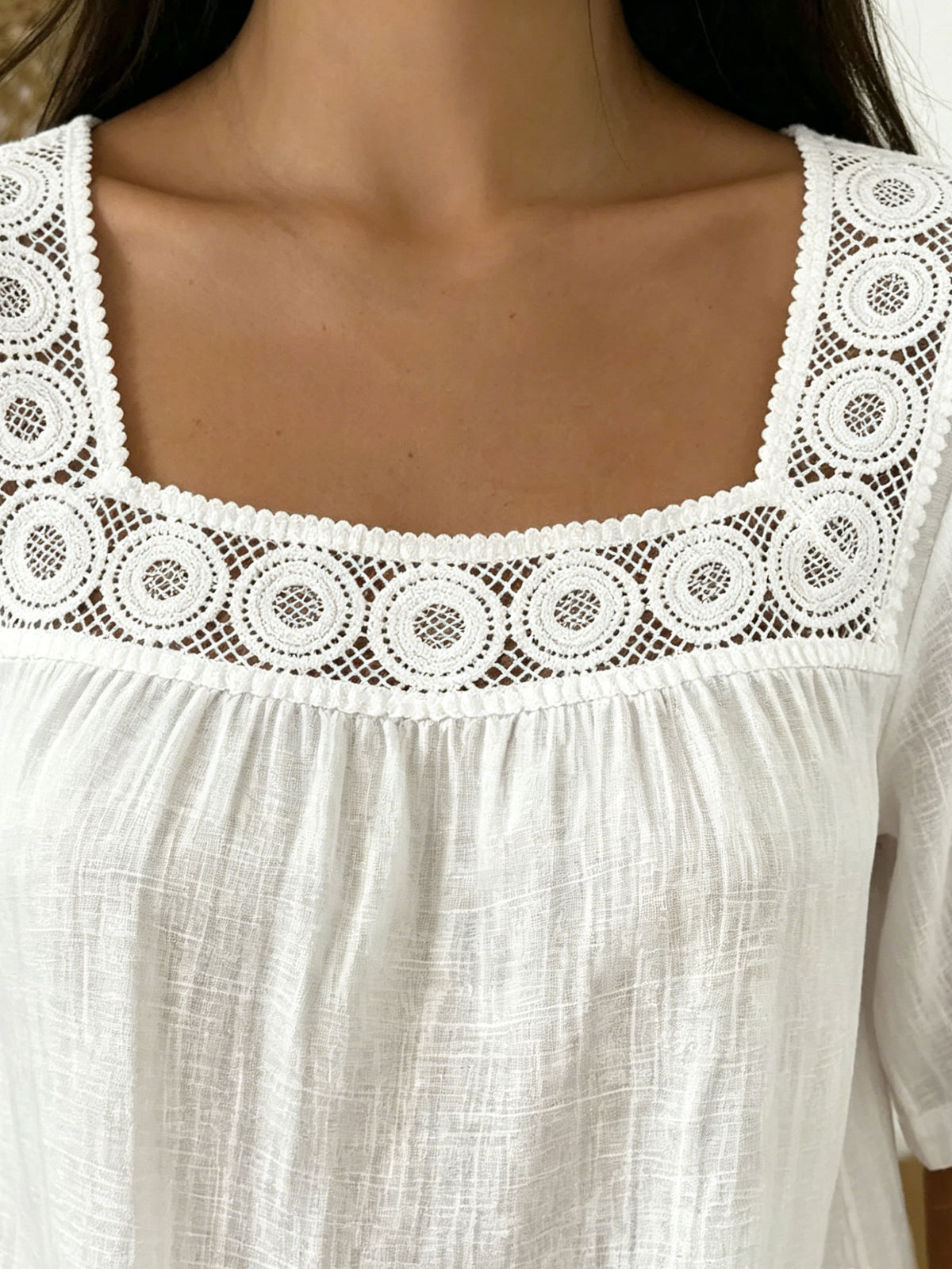 Top de algodón informal de manga corta con cuello cuadrado para mujer