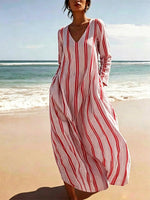 Women's Striped Elegant Art Casual Long Sleeve Cotton Linen Dress