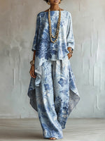 Loose-fit, Elegant Floral Cotton-linen Top + Wide-leg Pants Set