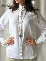 Vintage Lace-trimmed Stand-collar Linen Shirt