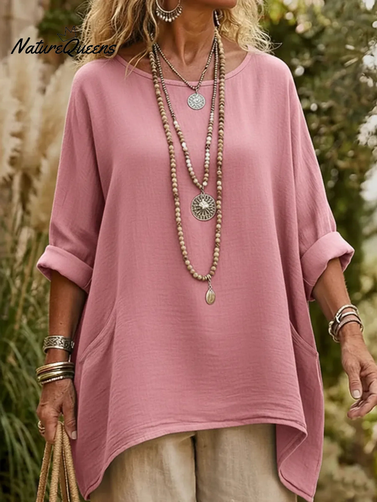 Casual V-neck Pocketed Irregular Hem Cotton And Linen Shirt