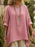 Casual V-neck Pocketed Irregular Hem Cotton And Linen Shirt