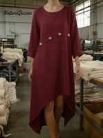 Cozy Patchwork Button-decorated Linen Dress