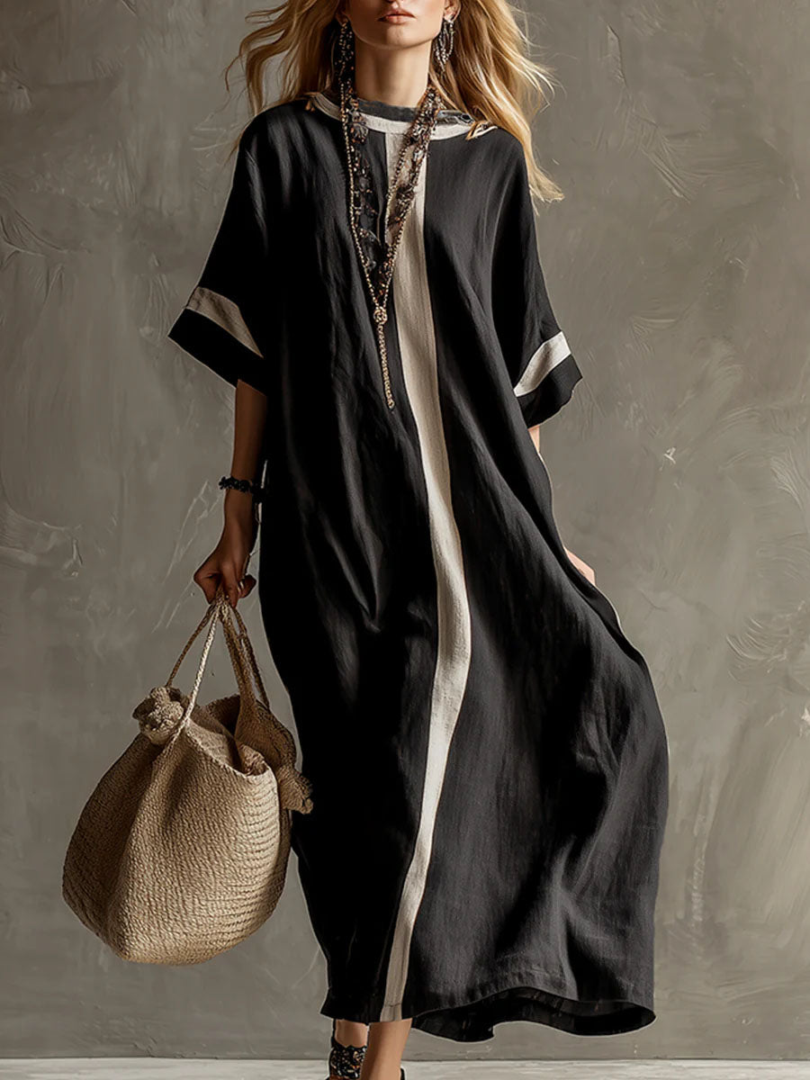 Women's Round Neck 3/4 Sleeve Casual Loose Cotton And Linen Dress