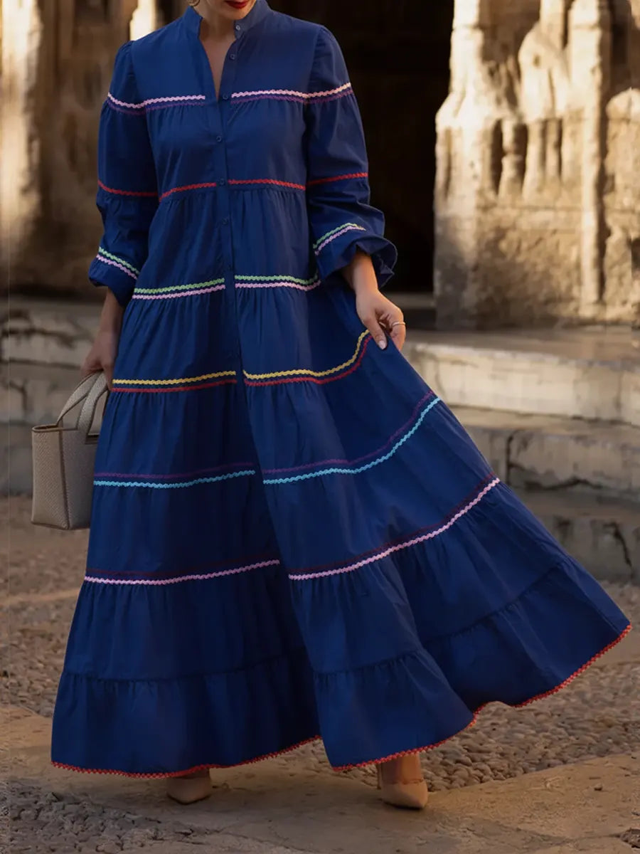 Women's Patchwork Colorful Woven Ribbon 100% Cotton Maxi Dress