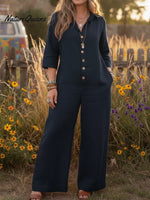 Women's Cozy Loose Collar Button-up Linen Jumpsuit