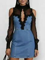 Women's Stand Collar Long Sleeve Chiffon Patchwork Casual Slim Denim Dress