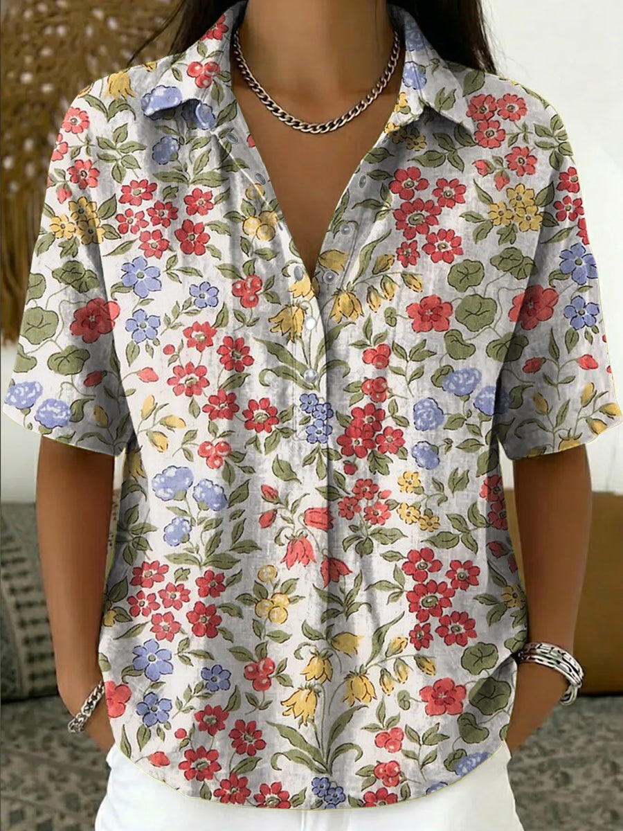 Floral Art Pattern Casual Cotton-linen Shirt