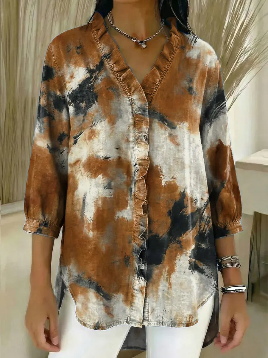 Women's Retro Art Print Casual Ruffled 3/4 Sleeve Denim Shirt