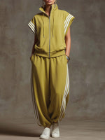 Women's Solid Color Stand-collar Short-sleeved Casual Loose Cotton Top And High-waisted Wide-leg Cotton Pants Set.