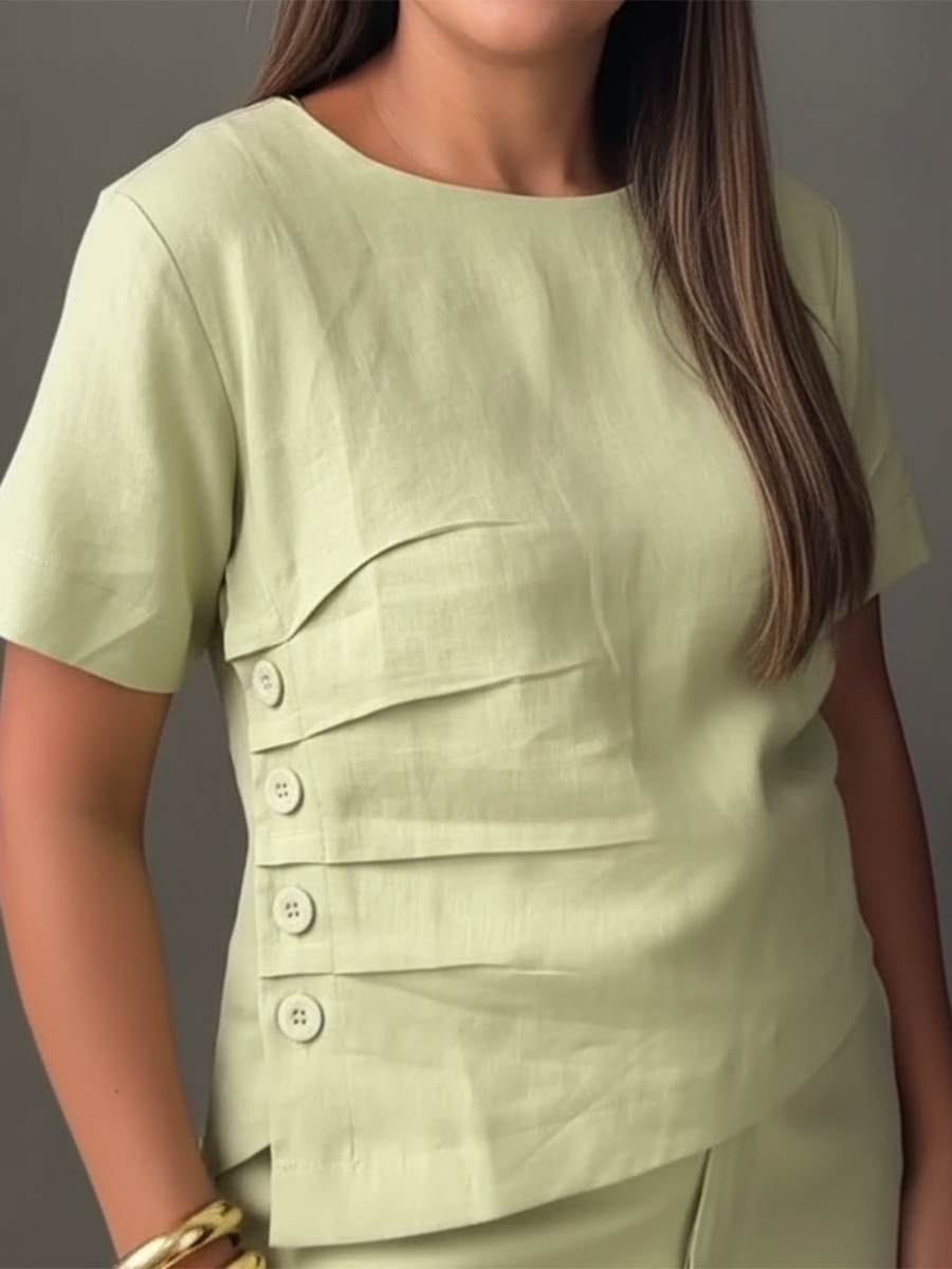 Casual Pleated Button Cotton And Linen Top