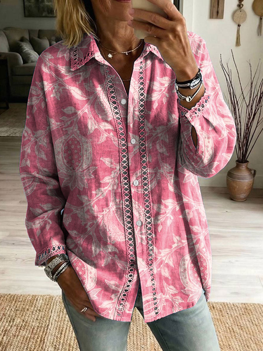 Floral Flowers Art Patterns Casual Patchwork Openwork Webbing Linen And Cotton Shirt