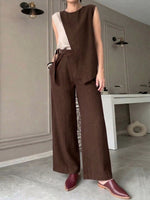 Women's Cotton-Linen Set: Round-Neck Sleeveless Color-Block Top & High-Waisted Loose-Fit Wide-Leg Pants