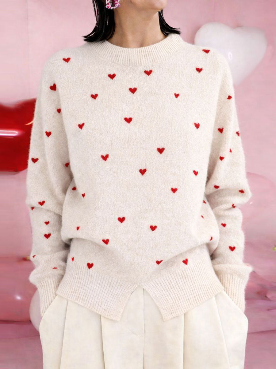 Women's Heart-print Stand-collar Long-sleeved Loose-fitting Casual Knitted Sweater