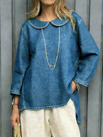 Women's Peter Pan Collar Long-sleeved Casual Loose-fitting Simple Denim Top