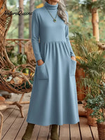 Women's Solid Color High-neck Long-sleeved Casual Loose-fit Velvet Dress