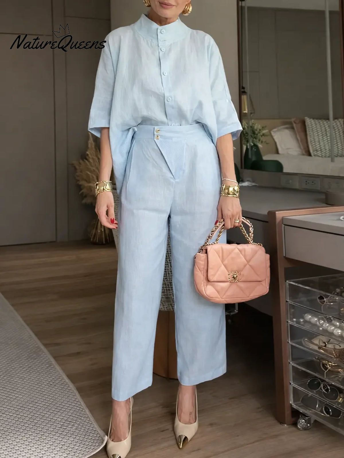 Women's Solid Color Stand-collar Three-quarter Sleeve Casual Loose Cotton And Linen Cardigan And High-waisted Wide-leg Pants Set