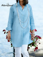 Women's Solid Color Lapel Long-sleeved Casual Loose Cotton And Linen Tunic Top