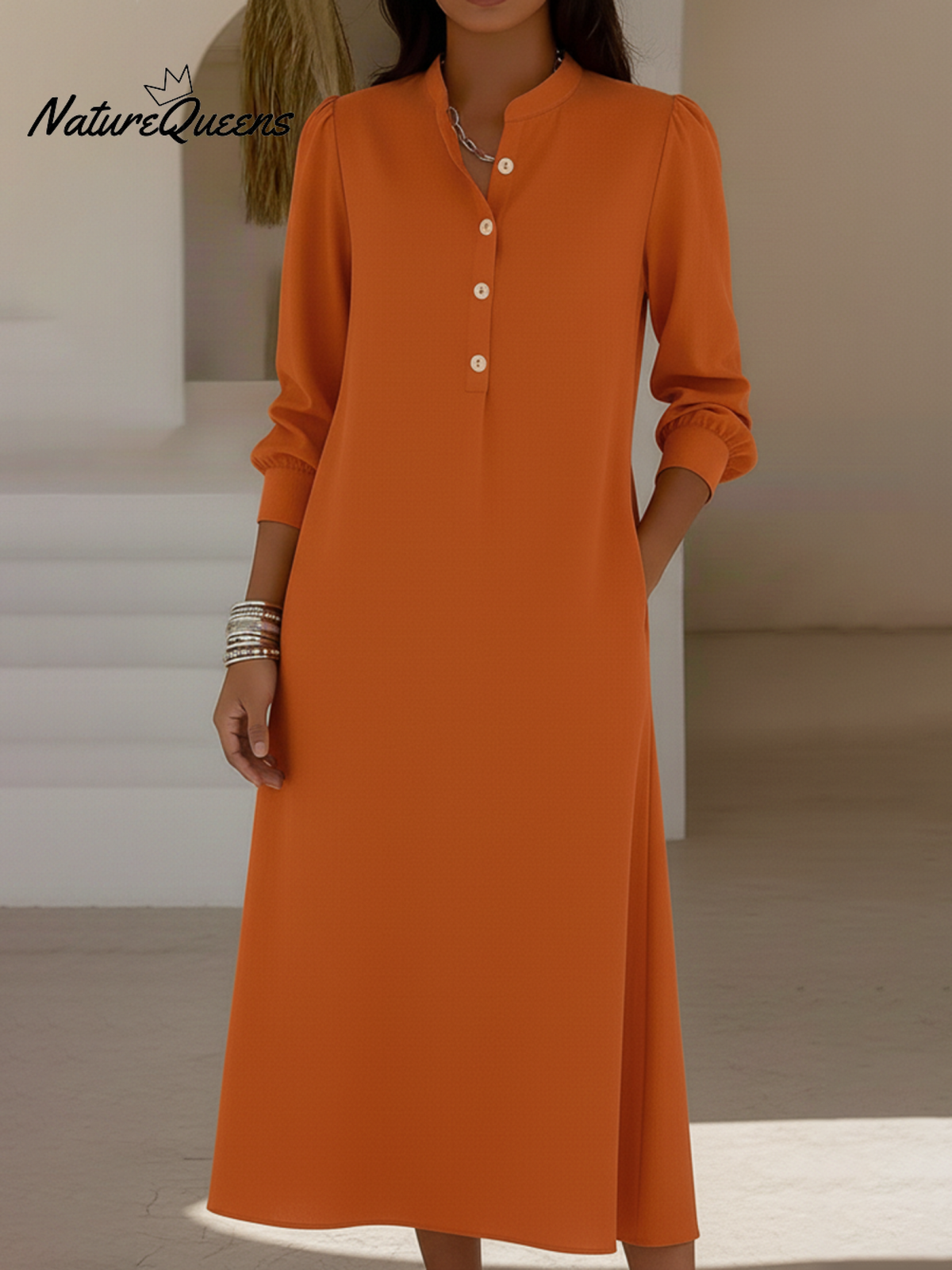 Audrey Stand Collar Button-down A-line Midi Dress