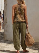 Bohemian Print Halter Top & Cotton-linen Balloon Pants Set