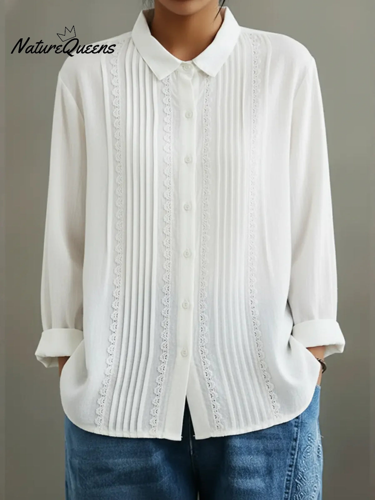 Women's Patchwork Lace Trim Linen And Cotton Pleated Shirt