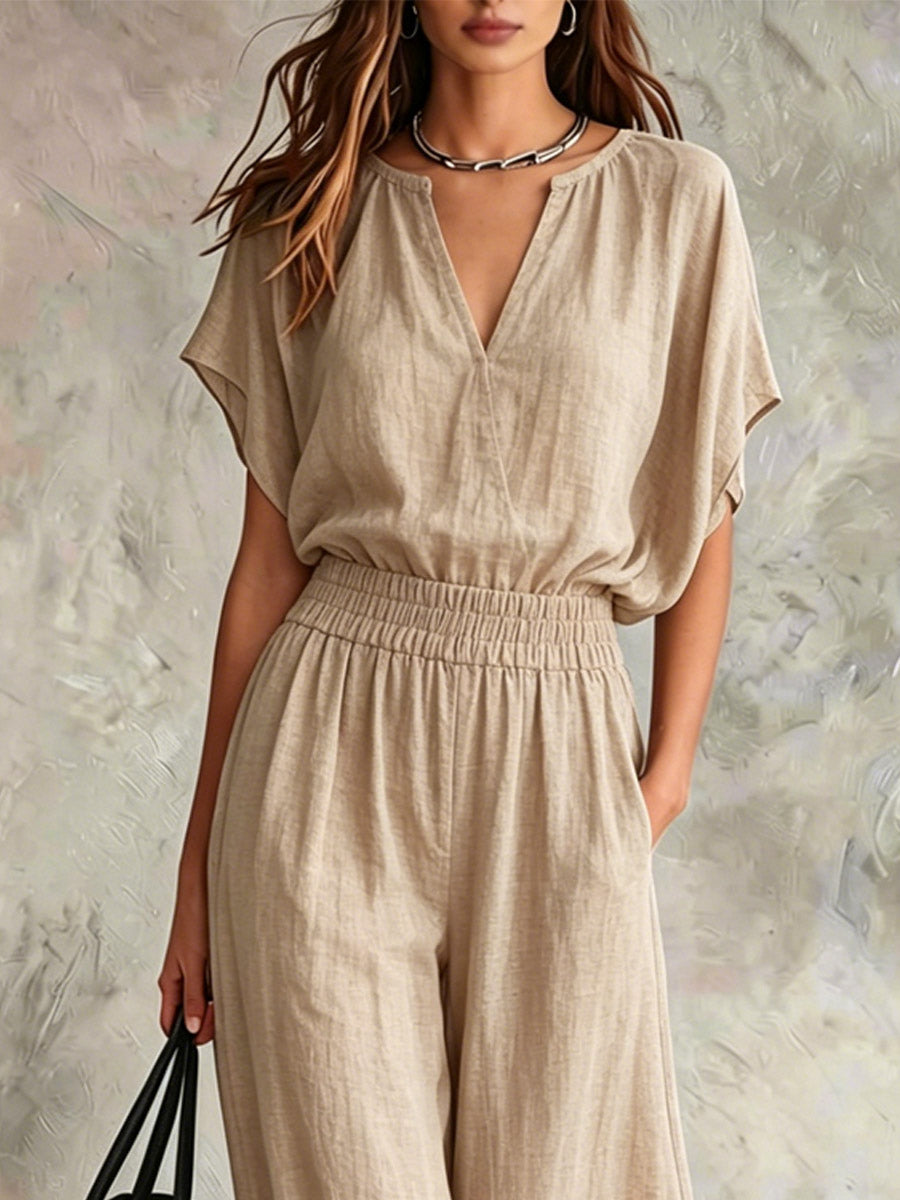 Conjunto de dos piezas de algodón y lino para mujer, cómodo, informal y elegante.