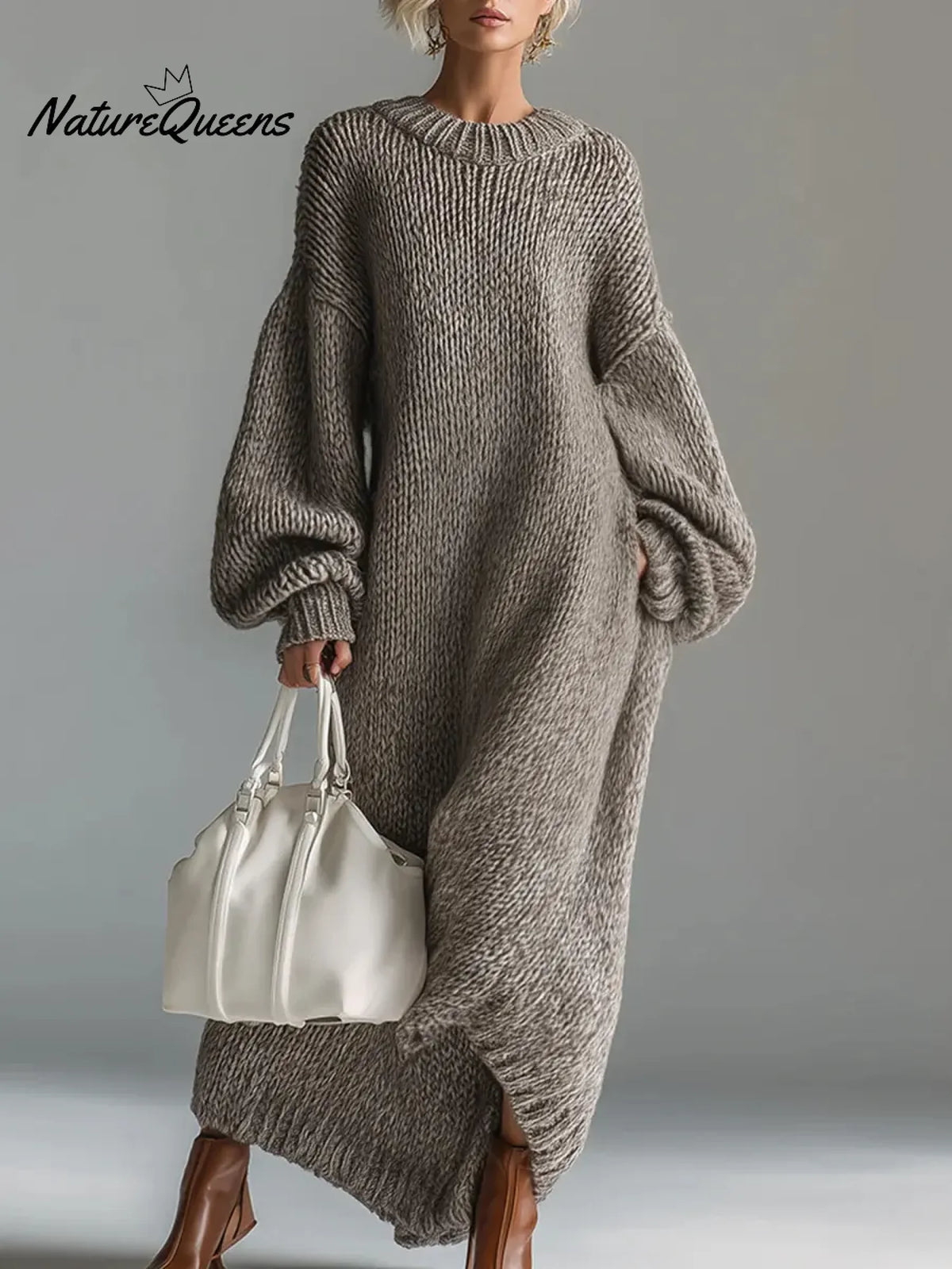 Women's Solid Color Round Neck Long Sleeve Casual Loose Knit Dress