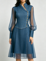 Stylish Stand-collar Organza-paneled Denim Dress