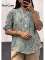 Women's Paisley Print Cotton Linen Shirt