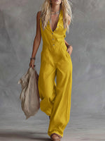 Women's Solid Color Shirt Collar Sleeveless Casual Loose Cotton And Linen Wide-leg Jumpsuit