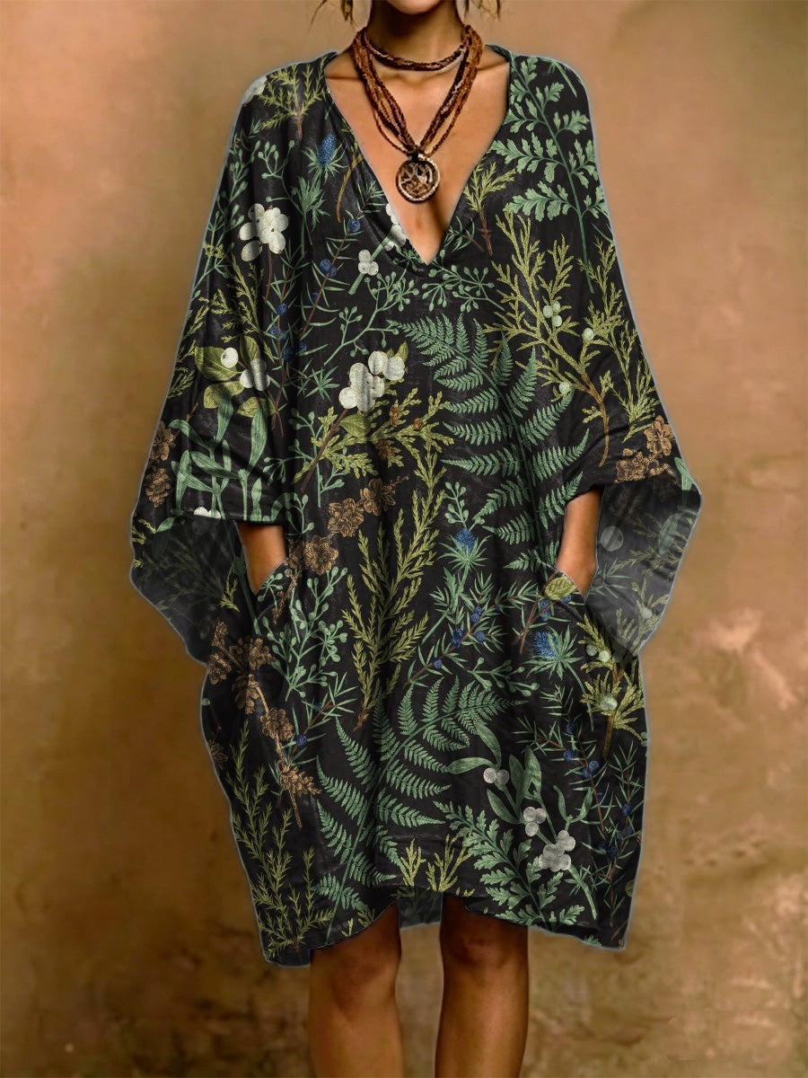 Plant Decorative Patterns Short Sleeve Cotton Linen Dress