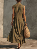 Women's Solid-color Lapel Sleeveless Loose-fit Cotton-linen Casual Dress