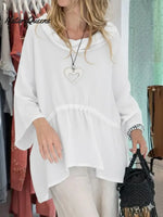 Women's Solid Color Round Neck Long-sleeved Casual Loose Cotton And Linen Top