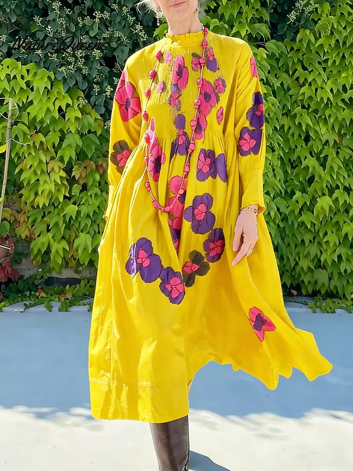 Women's Vintage-style Printed Stand-collar Long-sleeved Casual Loose Cotton Dress