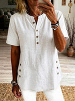 Women's V-neck Short-sleeve Casual Loose Cotton-linen Top