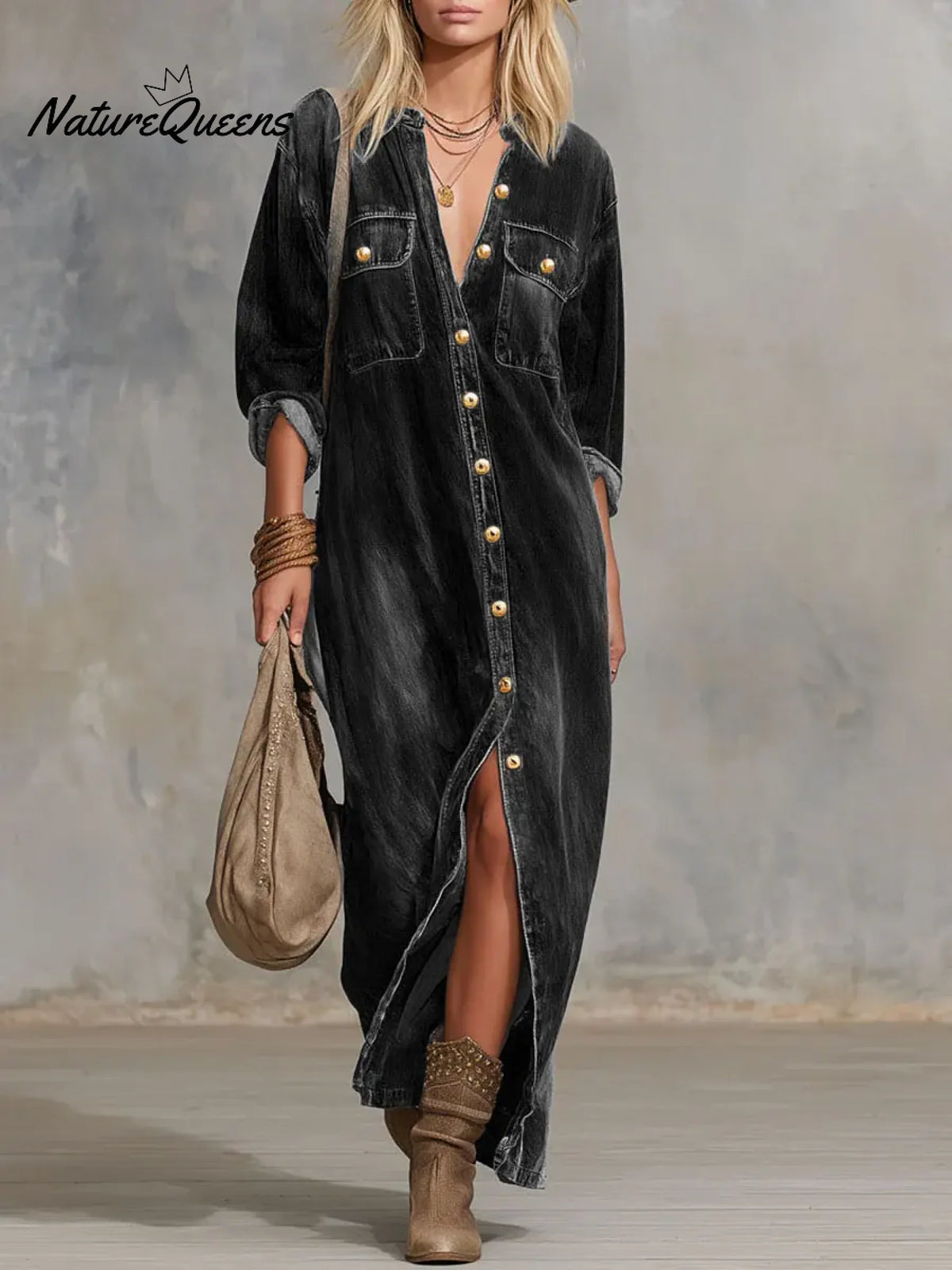 Women's Cardigan-style Collarlong-sleeved Casual Loose Denim Dress.