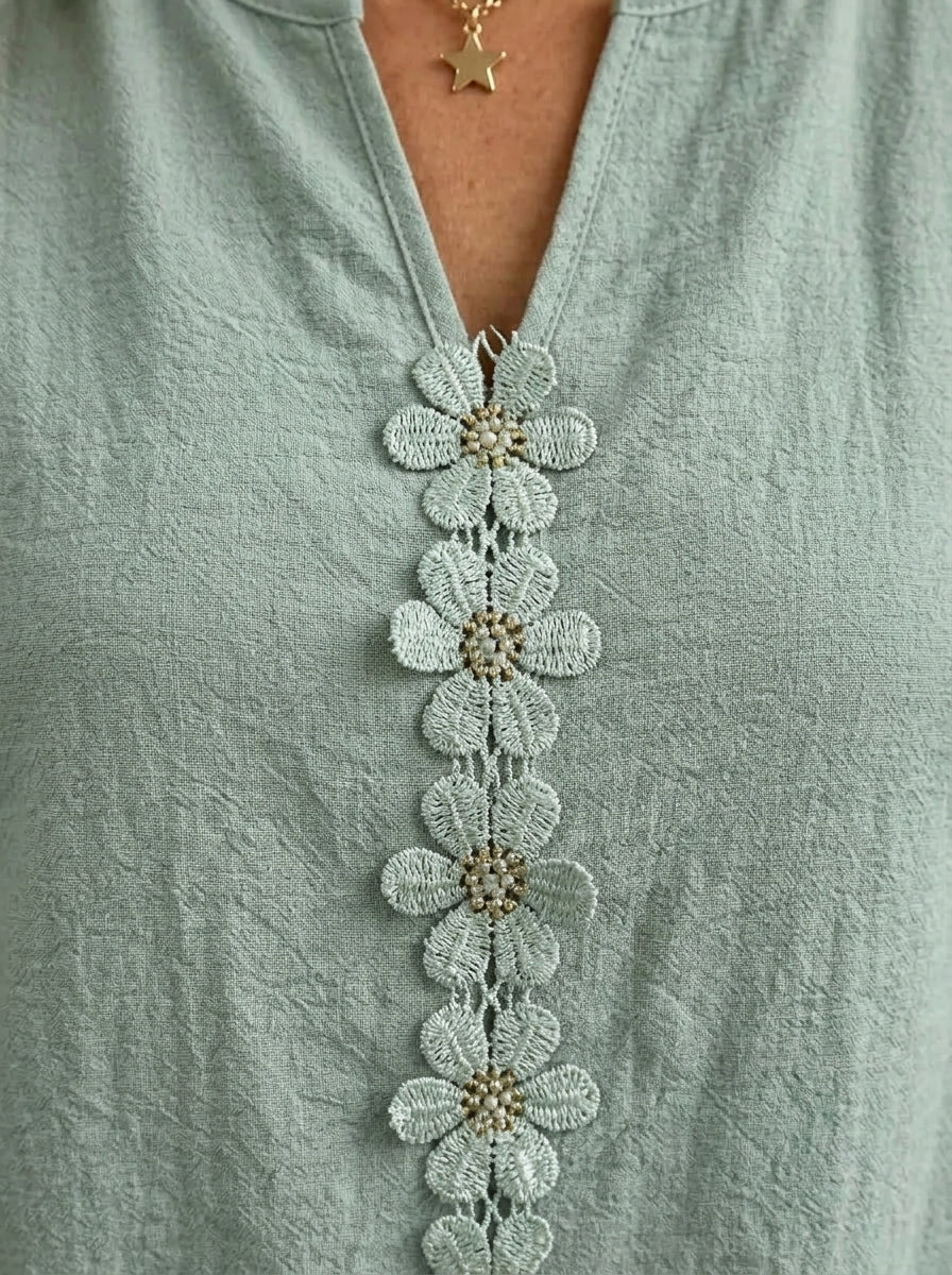 Women's Causal Short Sleeve Floral Woven Ribbon V-neck Cotton Top