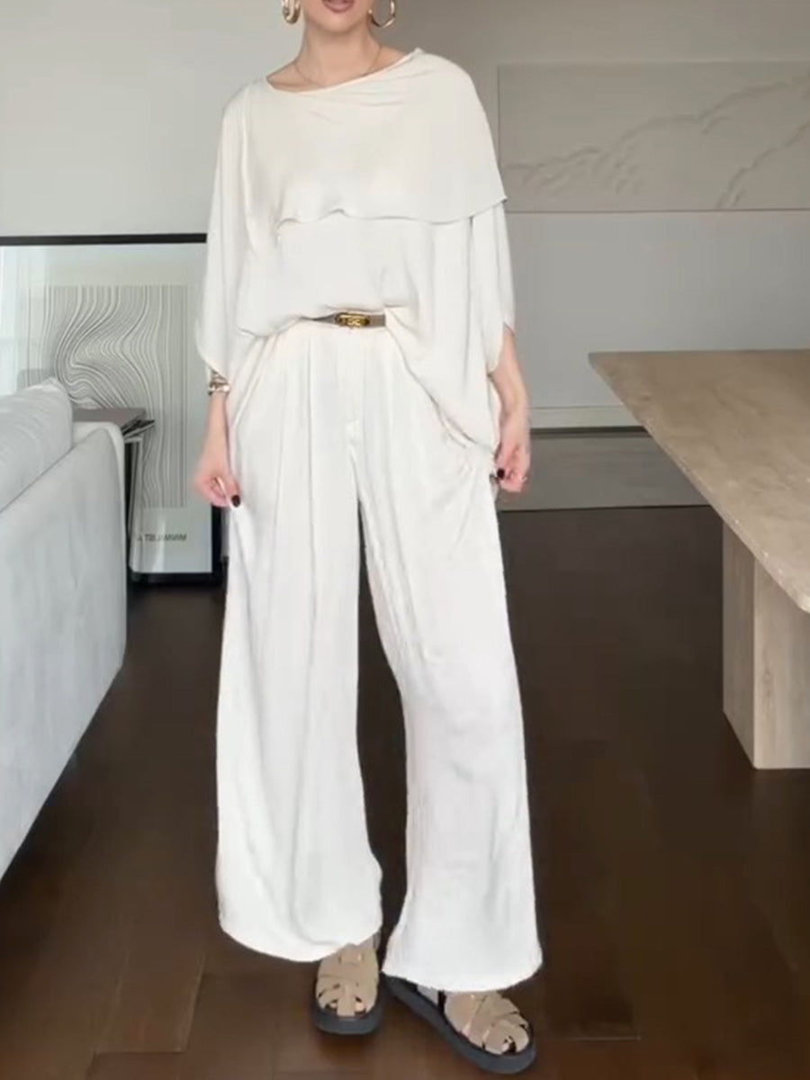Women's Solid-color Round-neck 3/4-sleeve Loose Casual Top & High-waisted Wide-leg Pants Set