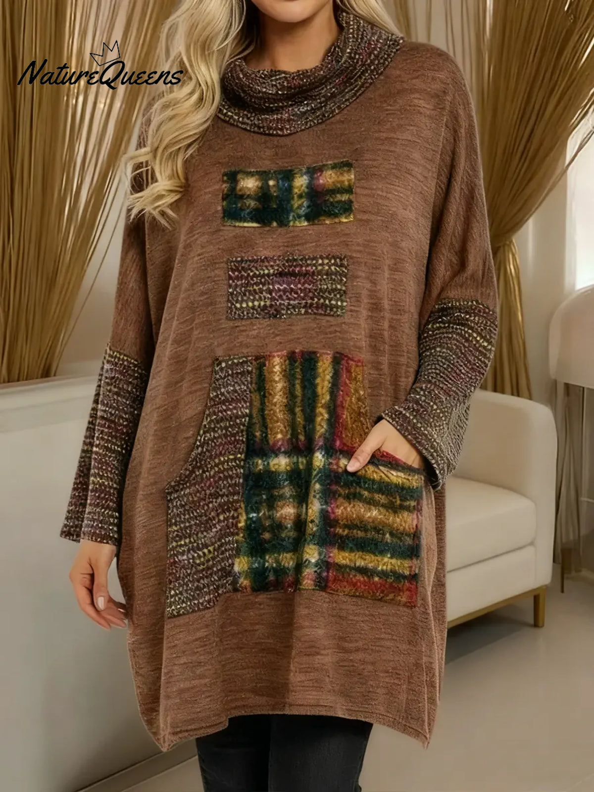 Women's Geometric Print Swing Neck Long Sleeve Casual Loose Knit Top