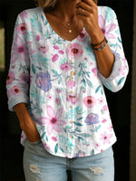 Women's Vintage Floral Art Print Linen-cotton Shirt