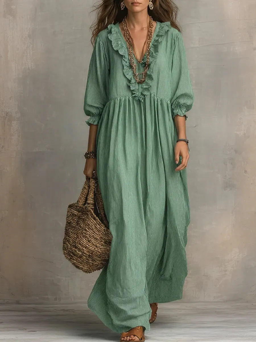 Women's Striped Art Print Casual Stylish Ruffled Vacation Maxi Dress