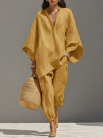 Women's Solid Color V-neck Long Sleeve Casual Loose Cotton Linen Top With Elastic Waist And Wide-leg Pants Set