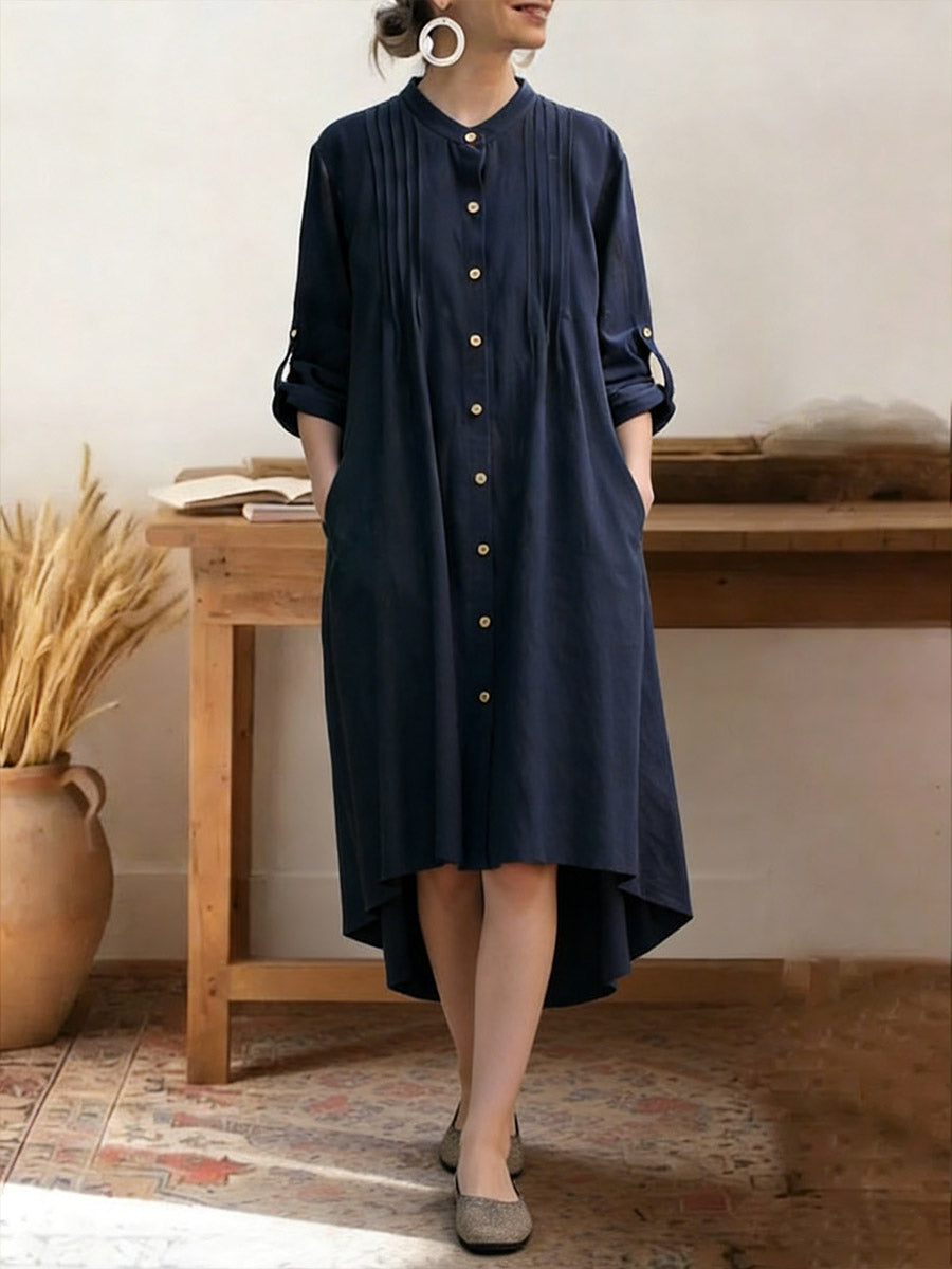 Women's Solid Color Stand-collar Long-sleeved Casual Loose Cotton And Linen Shirt Dress