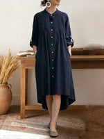 Women's Solid Color Stand-collar Long-sleeved Casual Loose Cotton And Linen Shirt Dress
