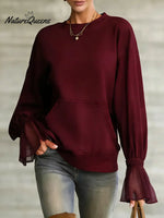 Women's Solid Color Round Neck Long-sleeved Casual Loose Sweatshirt With Mesh Paneling.