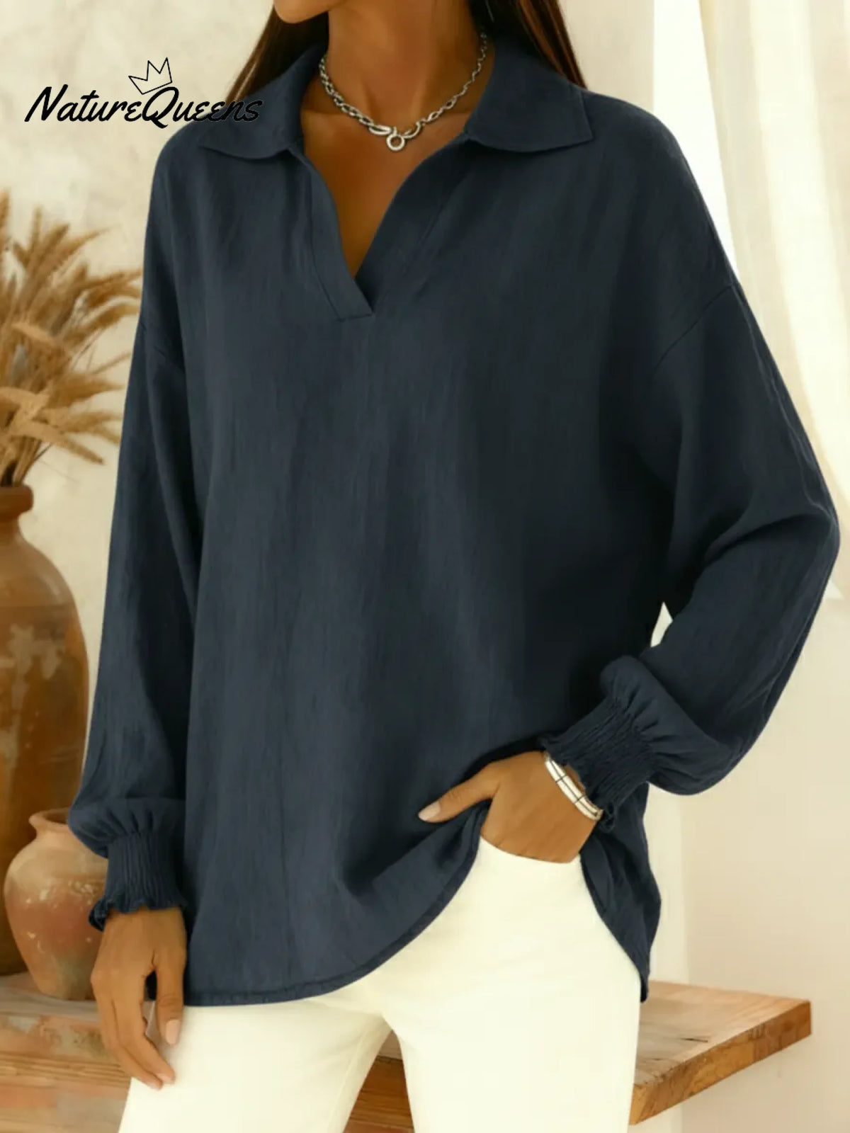 Cozy Polo Collar Lantern Sleeve Linen Shirt Top